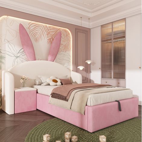 Kinderbett 90x190 cm Beige & Rosa aus Samt mit Hasenohren, Stauraum und links/rechts montierbarem Nachttisch (1/5)