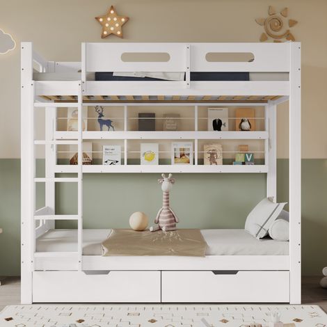 Letto a castello 90x200 cm in legno e MDF bianco con contenitori, senza materassi – MEUBLIV (1/5)