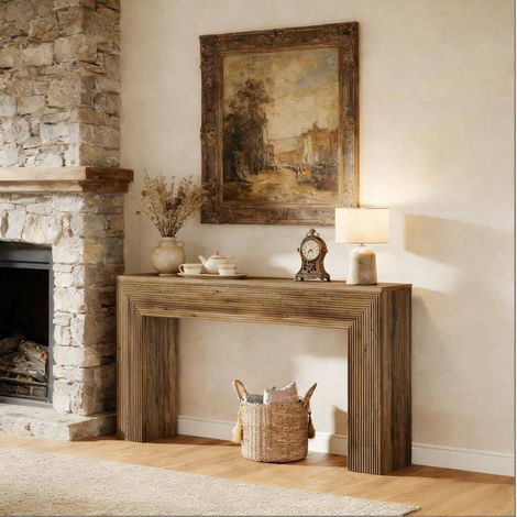 Tavolo consolle, stile rustico e minimalista, piano da 160 cm, elementi scanalati, MDF marrone (1/5)