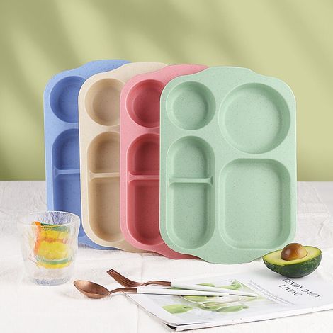 Assiettes 5 Compartiments pour Les Adultes et Enfants, Lot de 4 Assiette Plastique Reutilisable et Incassables，sans BPA，Passe au Micro-Ondes et au Lave-Vaisselle (1/5)