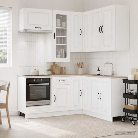 Ensemble de cuisine 8 pièces blanc brillant en bois d’ingénierie avec pieds réglables - PANGIVO (1/5)