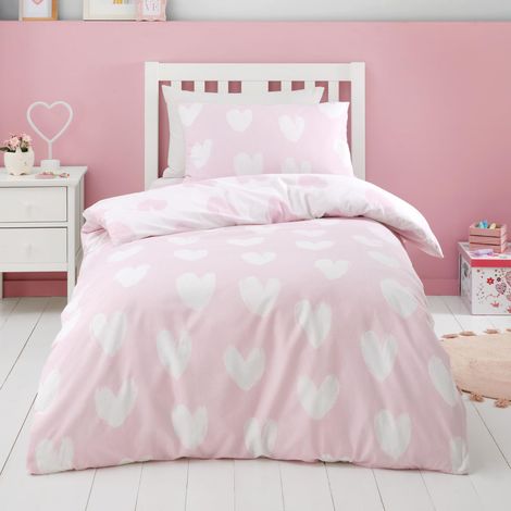 Ensemble de Housse de Couette réversible en Coton brossé Motif cœurs Simple avec taie d'oreiller Rose (1/5)