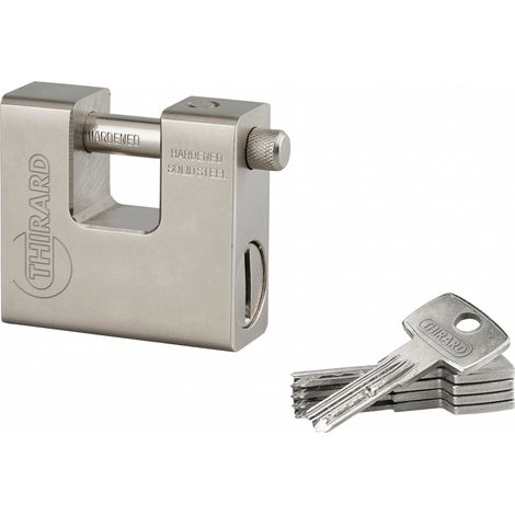 Lucchetto monoblocco rettangolare Thor, acciaio temprato, per serranda, arco in acciaio, 75mm, 5 chiavi reversibili - THIRARD