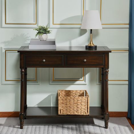 PADMA HOUSE Table console avec 2 tiroirs, petite table basse avec étagères de rangement, table d'entrée pour salon, bureau 90 x 35 x 76,5 cm (couleur noir foncé)