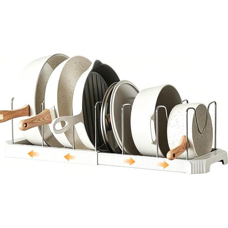 Range Couvercle, Range Casserole Extensible de 33 à 56 cm, Rangement Couvercle Casserole avec 7 Supports Réglables, Porte Casseroles Réglable Blanc, pour Assiettes et Planches à Découper (1/5)