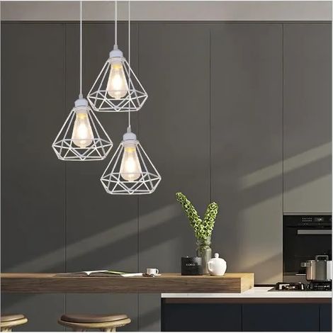 Lustre en Métal Salon Blanc Lampe Suspension Luminaire en Cage Diamant pour Cuisine Chambre (1/4)