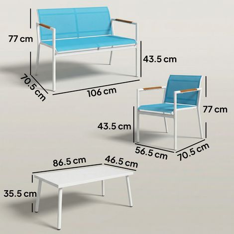 Un ensemble de mobilier de jardin pour quatre personnes (bleu) comprenant un canapé, un fauteuil et une table en métal. (1/5)