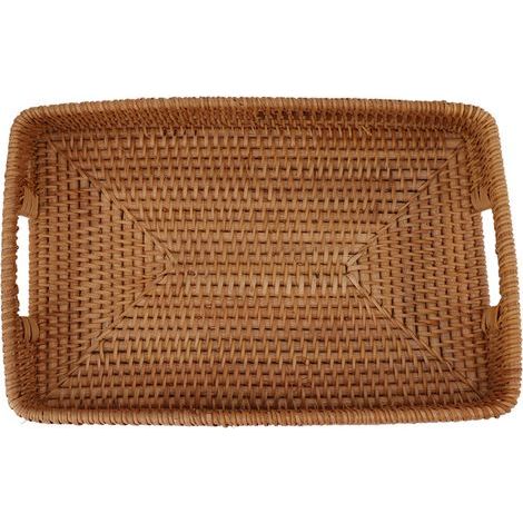 Panier de service rectangulaire en rotin avec poignées, grande capacité, durable et décoratif, idéal pour les fruits, les desserts et la cuisine. (1/5)