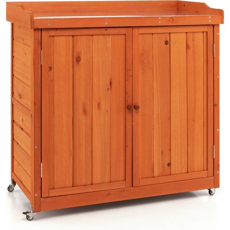 Armoire de rangement extérieure en sapin naturel et acier galvanisé avec étagère amovible et 4 roues pour jardin et terrasse (1/5)