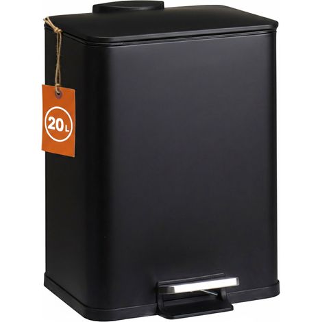 Edelstahl Tretmülleimer eckig schwarz matt 44 x 33 cm mit Deckel - 20 L - Metall Mülleimer mit Fußpedal und entnehmbarem Inneneimer