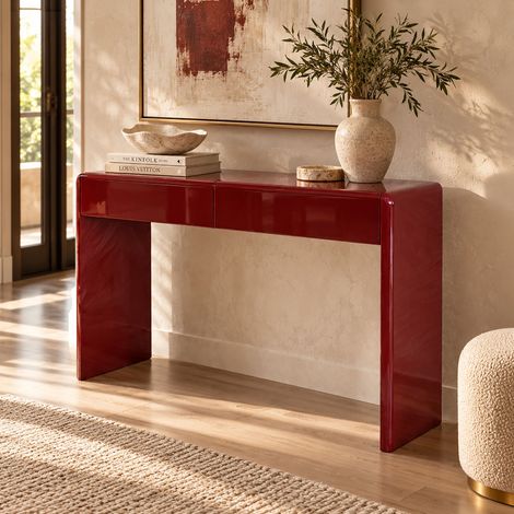 Console 2 tiroirs 120x35x80 cm avec finition bordeaux laqué (1/5)