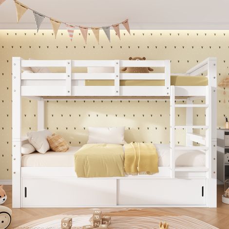 Lit superposé enfant 90x200 cm, 2 couchages, séparable en 2 lits simples, rangement à portes coulissantes, garde-corps, échelle, pin et MDF, blanc (1/5)