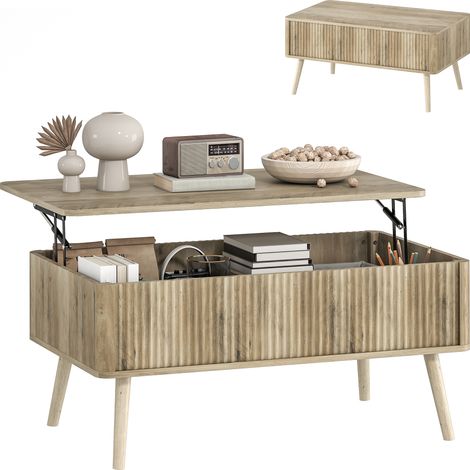 Table basse relevable, 91 x 56 x 43 cm, pour salon, rangement salon, plateau pratique, format pratique, usage quotidien
