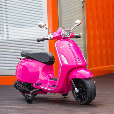 Patinete eléctrico Vespa de 6 V para niños, Dimensiones: 107 cm de largo x 47 cm de ancho x 73 cm de alto, Música MP3, Puerto USB, Faro delantero, 2 ruedines de entrenamiento - Rosa