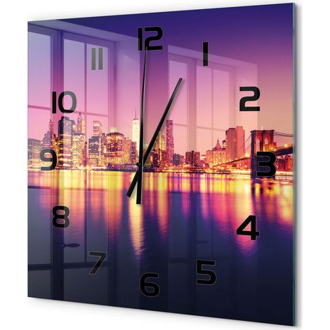 Grande Horloge Murale Carrée en Verre Chiffres Lisibles Silencieuse et Moderne Manhattan, New York 60x60 cm (1/5)