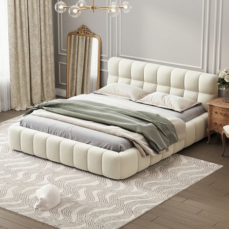 Letto matrimoniale 140x190 cm con testiera capitonné, rete a doghe, bordi imbottiti e rivestimento in lino, stile classico, beige (1/5)