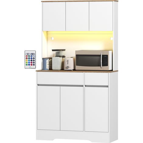 Buffet cuisine haut LED RGB 6 portes 2 tiroirs plan travail blanc