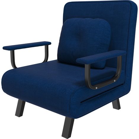 Fauteuil relax convertible en lit, dossier 5 positions 180°, supports rabattables, structure métal, chenille bleu (1/5)