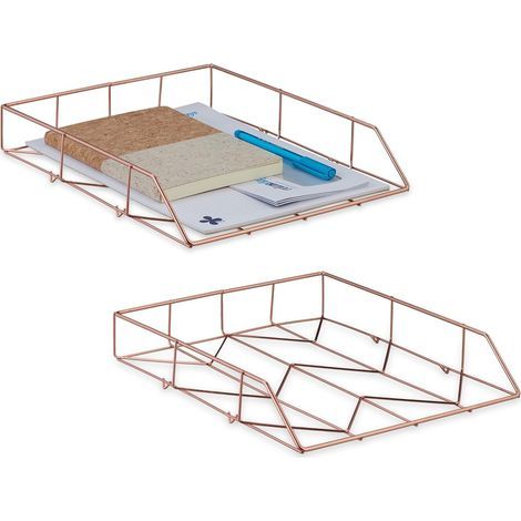 Document Holders, Set of 2, Metal, Organizer, H x W x D: 5.5 x 26 x 31.5 cm, Desk Organizer, Rose Gold (1/5)