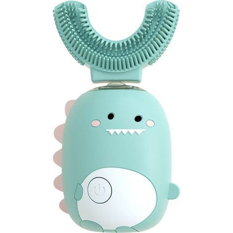 Brosse à dents électrique automatique en forme de U, motif dinosaure pour enfants, étanche IPX7, bleue.-AquaForge