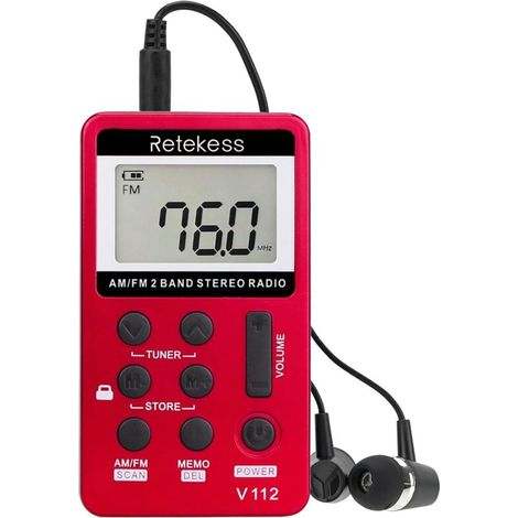 (Rouge)V112 Mini Radio Portable,Poste Radio Portable de Poche,FM AM,Mini Rechargeable Walkman,Réveil,Prise Casque 3,5mm,d'Extérieur,Convient pour la Course à Pied,la Randonnée,Le Camping
