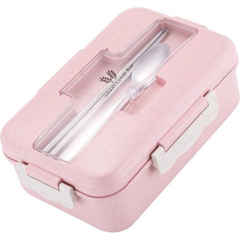 Boîte repas isotherme 1000ml rose, grande capacité, compartiments, portable avec cuillère et baguettes, déjeuner pratique et sûr. (1/5)