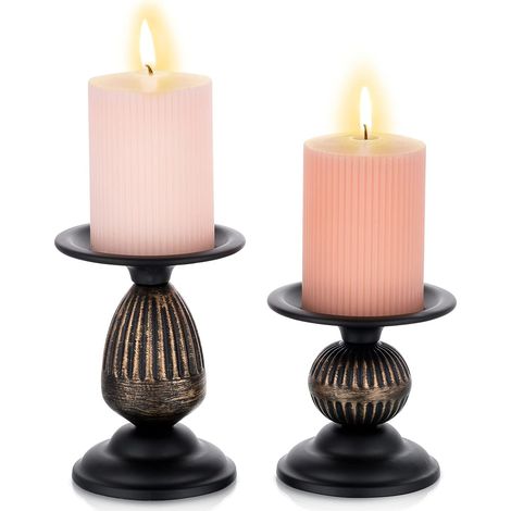 Lot de 2 bougeoirs pilier vintage en métal vieilli, bougeoirs rétro noirs mats, pièce maîtresse, ornements shabby chic pour table basse, salle à manger, cape, décoration de cheminée (1/5)
