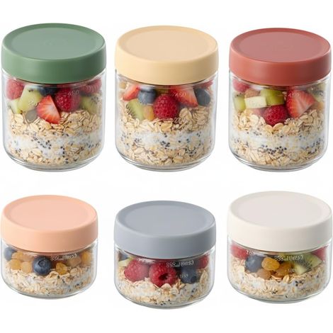 6 Pots Overnight Oats Jar 300ml+500ml, Boîte Avoine de Nuit, Pot Yaourt en Verre avec Couvercles à Vis, Mason jar, Bocaux de Conservation en Verre, Bocal Hermétique pour Salade,Pudding,Confiture (1/5)