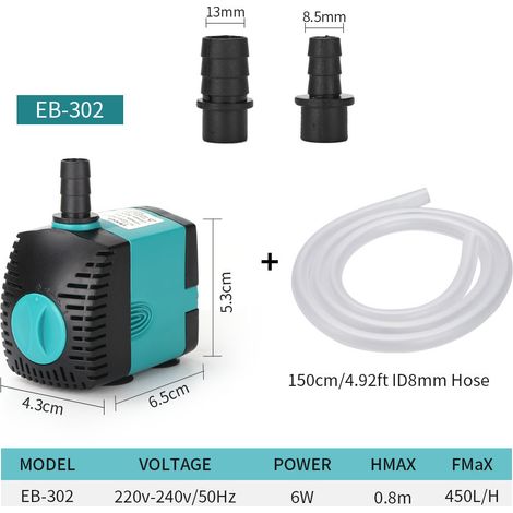 Pompe à eau submersible pour fontaine (450 l/h, 6 W) avec 2 buses, hauteur de refoulement de 0,8 m, tuyau d'arrosage de 1,5 m (1/4)