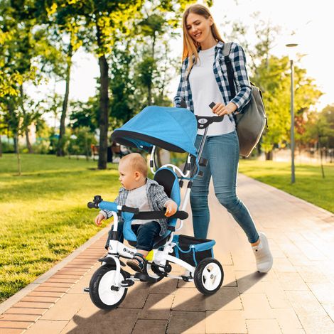 Tricycle 6-en-1 enfants, auvent, ceinture sécurité 5 points, rangement, repose-pieds, frein, 1-5 ans, bleu