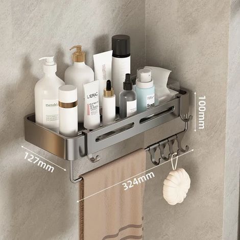 (2-Gris-Avec barres) Étagère murale triangulaire pour salle de bain ou toilettes. Étagère rectangulaire supplémentaire pour balcon, idéale pour les petites salles de bain. (1/5)