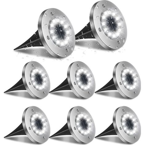 Set mit 8 Solar-Außenleuchten, 12 LED-Einbaustrahler für Gärten, 6000 K, wasserdicht (IP65), für Wege, Terrassen, Höfe und Unterführungen. – Crezuo