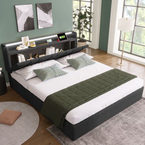 Cama tapizada 140x200 cm gris con cabecero con almacenaje, LED RGBW y USB (1/5)