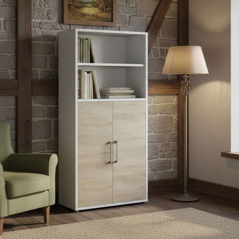 Dmora - Kommode Saotome, Wohnzimmerbuffet, Wohnzimmer-Sideboard, Moderne Küchen-Speisekammer, 89x40 h186 cm, Weiß und Eiche (1/3)