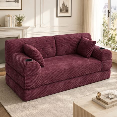 Canapé convertible 3 places avec rangements et porte gobelets en velours côtelé rouge 208x80x81 cm (1/5)