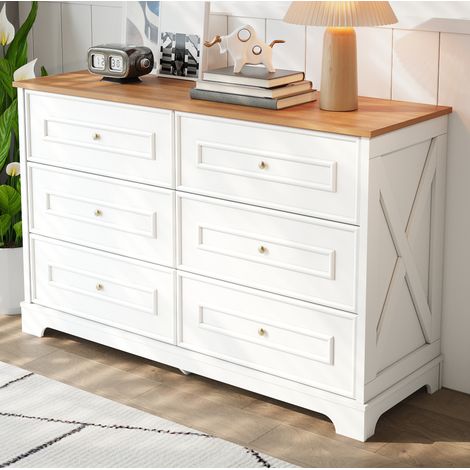 Buffet 120x40x76 cm blanc et bois naturel en MDF et panneaux de particules avec 6 tiroirs (1/5)
