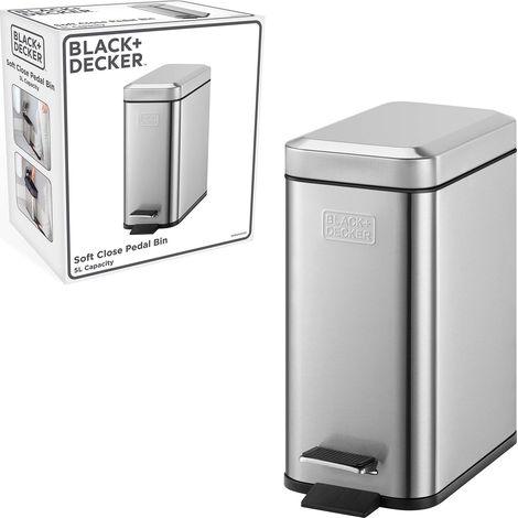 BLACK+DECKER BXBN0005GB Cestino Rettangolare a Pedale da 5 L con Coperchio a Chiusura rallentata, Acciaio Inossidabile, 30 cm x 14 cm x 29 cm, Grigio Freddo, profilato (1/5)
