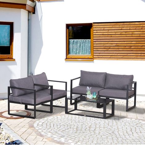 Gartenmöbel-Set aus Aluminium in Grau mit dicken Sitz- und Rückenkissen, Tisch mit ESG-Glasplatte, flexibel stellbar (1/5)