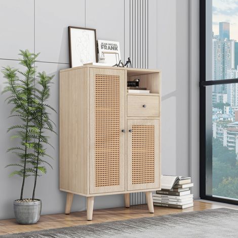 Aparador con rattan y cajón en tablero de partículas 60x40x101 cm roble (1/5)