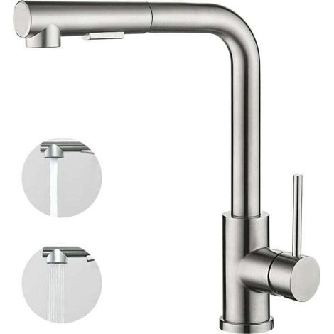 Küchenarmatur mit ausziehbarer Brause, Einhebelmischer, 360° schwenkbar, 2 Strahlarten, Spültischarmatur – Gebürstet (1/4)