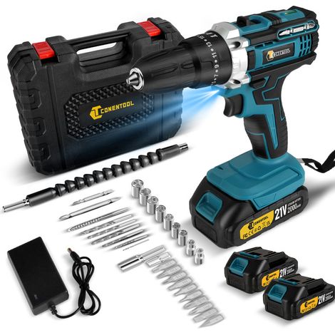 CONENTOOL Perceuse Visseuse à Percussion sans Fil 48 N.m - 2X2.0 Ah batteries 21V - 3/8" 10mm Le clip - avec 30 accessoires - Bleu (1/5)