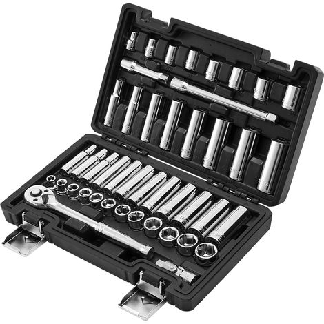 Mophorn Juego de 44 piezas con trinquete de 9,5 mm, incluye vasos SAE y métricos, profundos y estándar, con estuche de almacenamiento, fabricado en acero de aleación CR-V