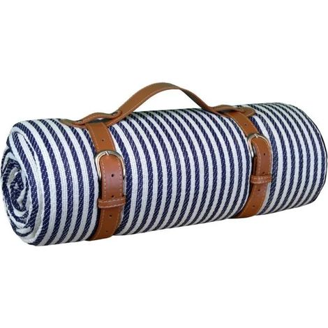 Couverture de pique-nique, tapis, nappe imperméable - 200 x 200 cm - Rayé bleu - Linxor (1/5)