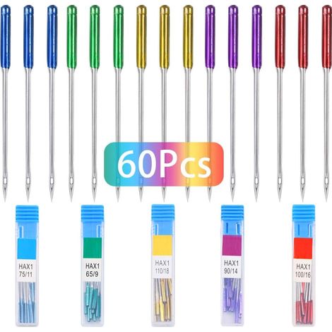 Lot de 60 Aiguilles de Machine à Coudre, aiguilles universelles pour machine à coudre, tailles HAX1 65/9, 75/11, 90/14, 100/16, 110/18 (5 couleurs) (1/5)