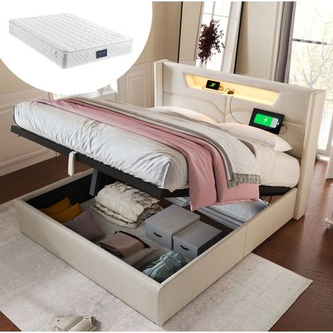 Lit double capitonné moderne 160x200 cm en lin beige avec tête de lit LED, USB/Type-C, coffre de rangement, sommier à lattes et matelas (1/5)