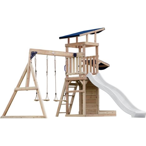 AXI Malik Aire de Jeux en Bois avec 2 Balançoires, Toboggan Blanc/ Aire de Jeux Extérieur, Bac à Sable, Mûr de Jeux/Toboggan avec raccordement à eau  Portique Balançoire/Jeux en Bois Extérieur