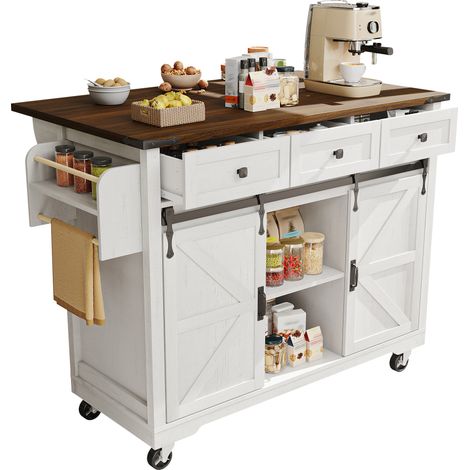 Îlot de cuisine sur roulettes avec plateau rabattable, 3 tiroirs, 3 rangements et 2 portes coulissantes, MDF beige et métal 140x45x94 cm CHICFURN (1/5)
