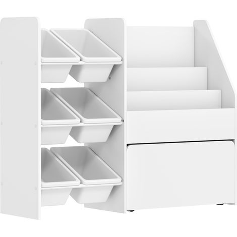 Estantería infantil para juguetes y libros con 6 cajas y cajón con ruedas 100x30x80 cm blanca (1/5)