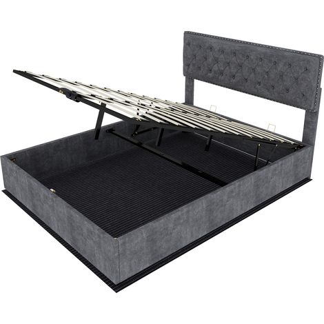 Cama con almacenaje 160 x 200 cm gris con cabecero tapizado y elevación hidráulica (1/5)
