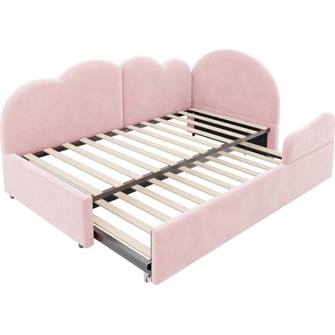 Cama acolchada en L con cama nido 90 x 200 cm, terciopelo rosa, cabecero nube, HOMVRA (1/5)